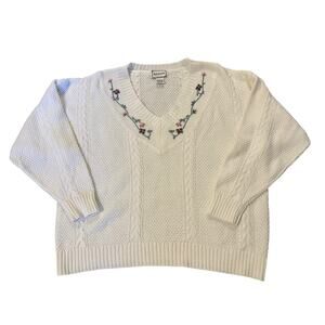 Vintage 62 East Floral Embroidered Cable Knit Sweater Made in Korea Ivory Size L